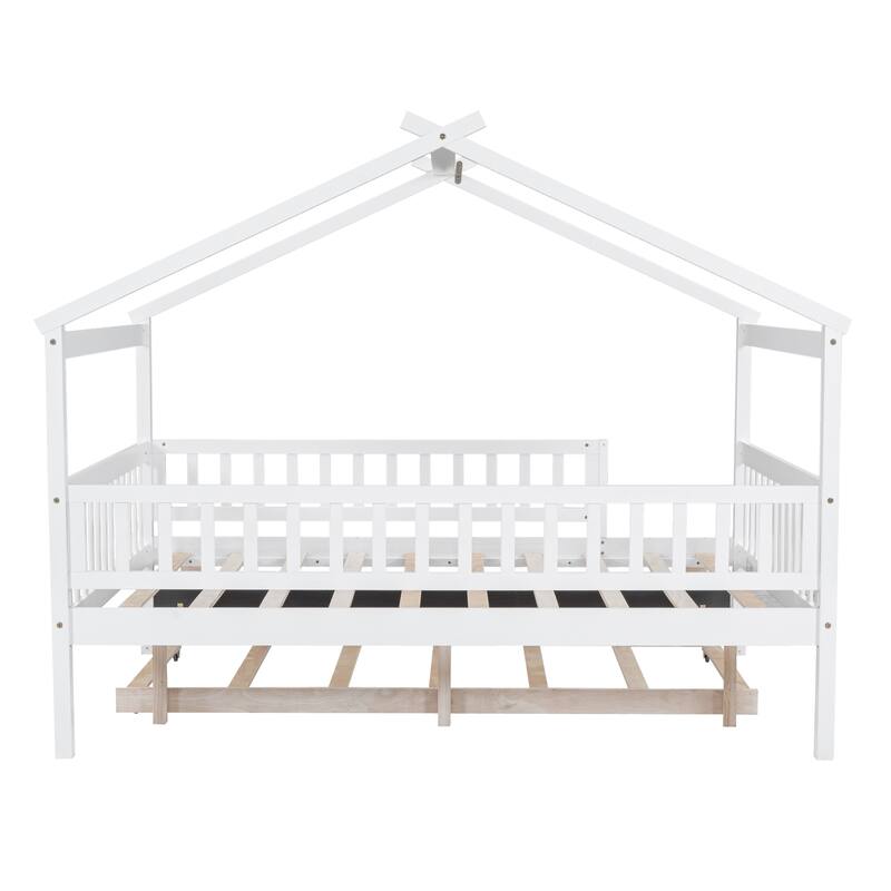 Full Pine House Bed with Trundle, Guardrail & Roof