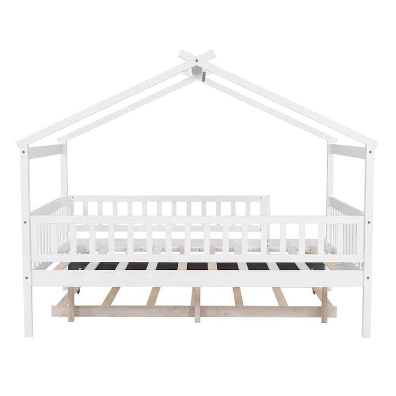 Full Size Wooden House Bed with Twin Size Trundle, Roof and Fence