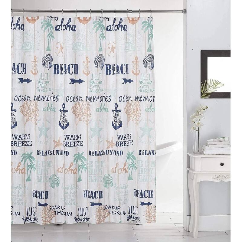 13 Piece Canvas Shower Curtain & Roller Hooks Set - Beautiful and Modern Design for Your Bathroom - Sanibel