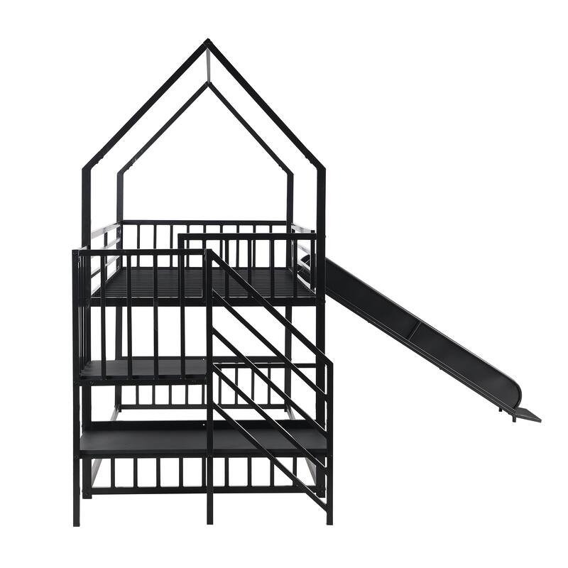 Twin Over Twin Bunk Bed House with Slide and Staircase, Metal Frame for Kids