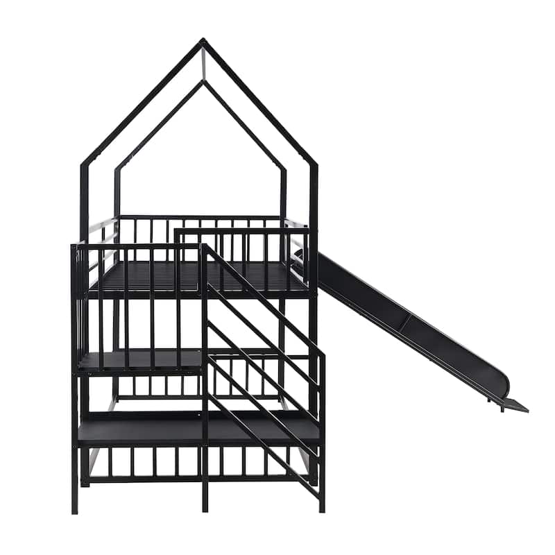Twin Over Twin House Bunk Bed with Convertible Slide & Staircase, Metal Floor Bunk Beds Frame for Kids Boys Girls, Easy Assembly