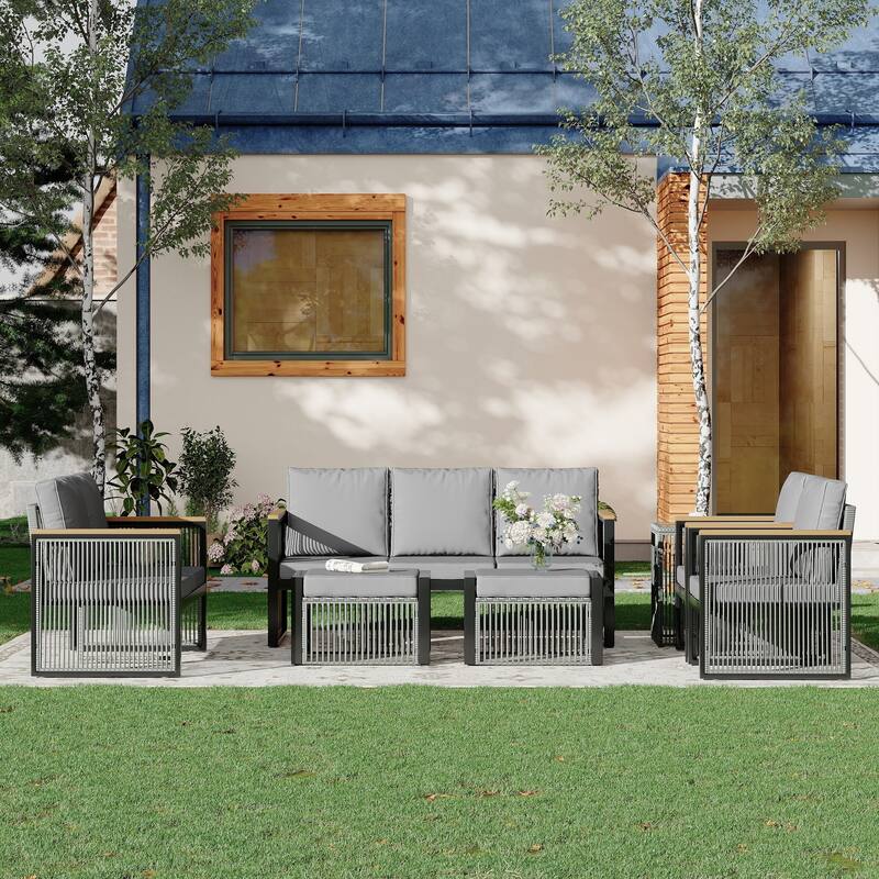 EROMMY Outdoor Patio Furniture Sets - 5/6/7 Piece All-Weather Conversation Sets withTable & Ottoman, Sectional Sofa & Chairs. - 7 PCS - Sofa & Loveseat & 2 Chairs & 2 Ottomans - Grey