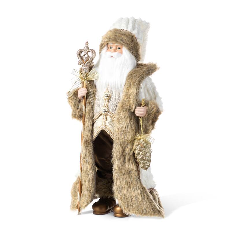 Glitzhome 18"H Faux Fur Christmas Santa Figurines with Porcelain Face