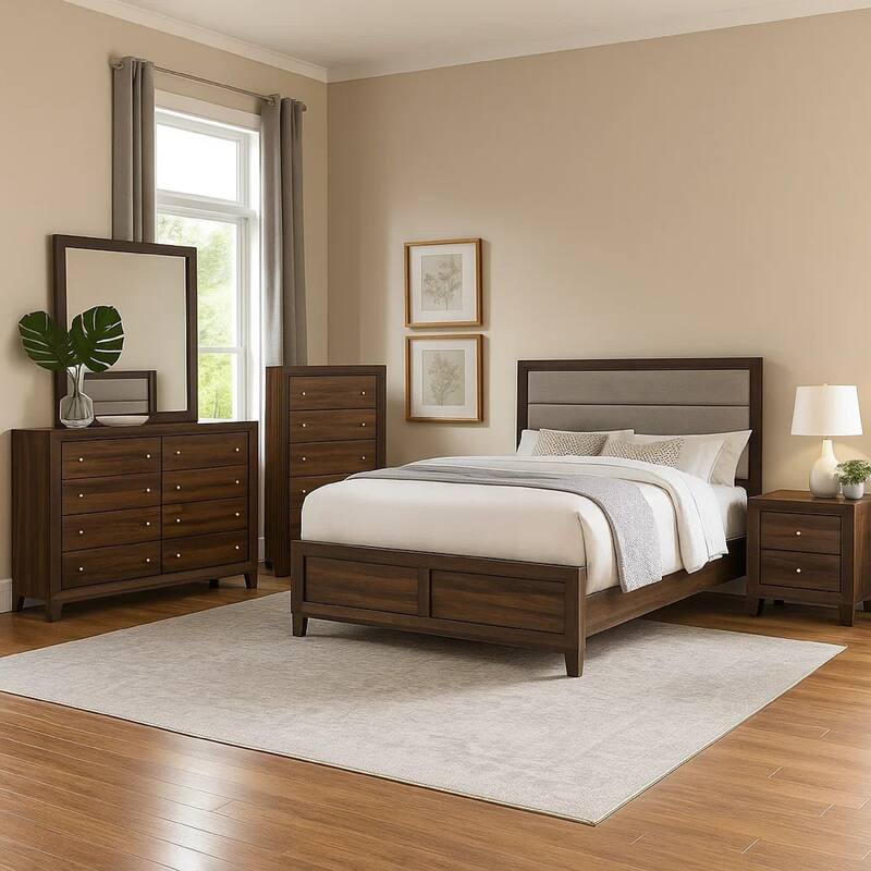 Yels 5 Piece Queen Bedroom Set, Gray Upholstery, Walnut Brown Wood