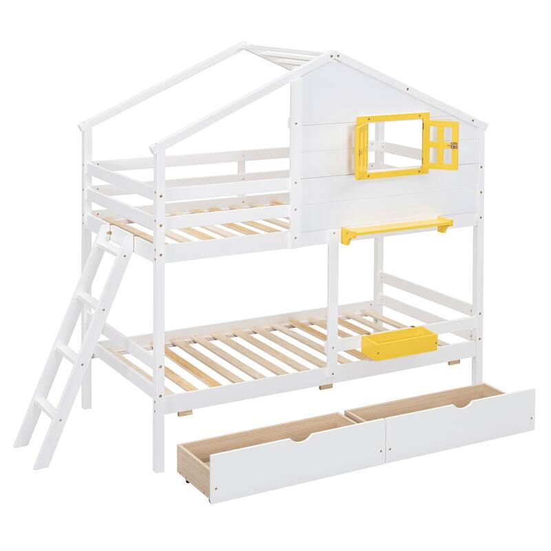White Twin over Twin Bunk Bed with Storage, Drawers, Shelf, Window and Roof Design