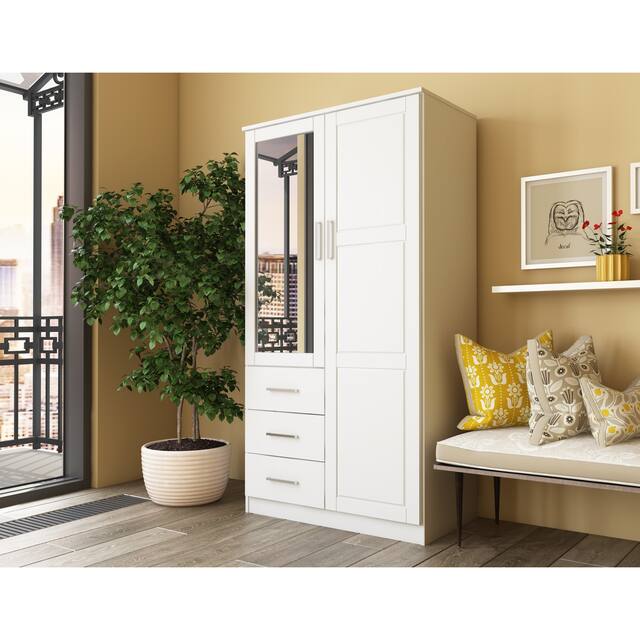 Metro 100-percent Solid Wood Wardrobe with Mirror - White