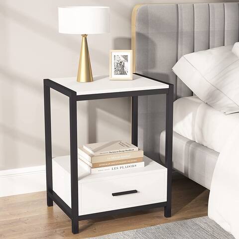 Vintage Nightstands with Drawers and Storage Shelf, Industrial End Table