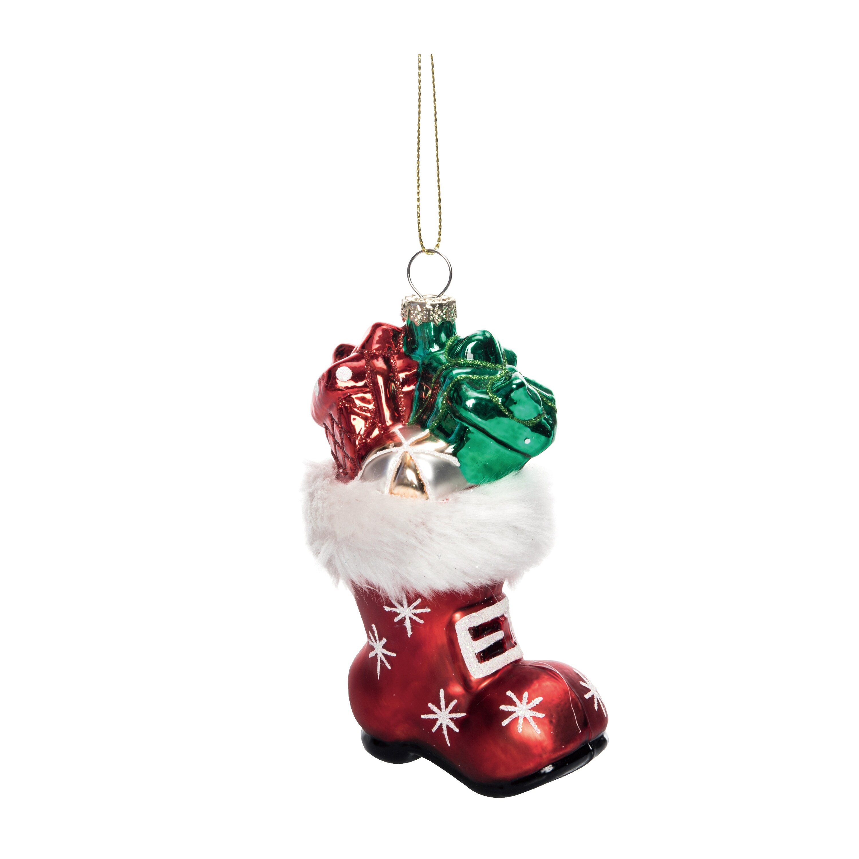 Multicolor Glass Santa Boot Ornament with Presents for Christmas