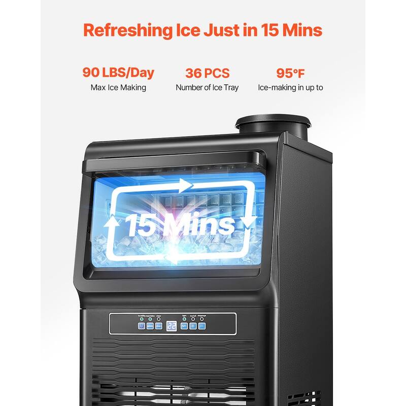 Black Stainless Steel Commercial Ice Maker with 36 Trays, Dual Water Inlets and Self Cleaning - 13.7 x 13.2 x 25.2 in