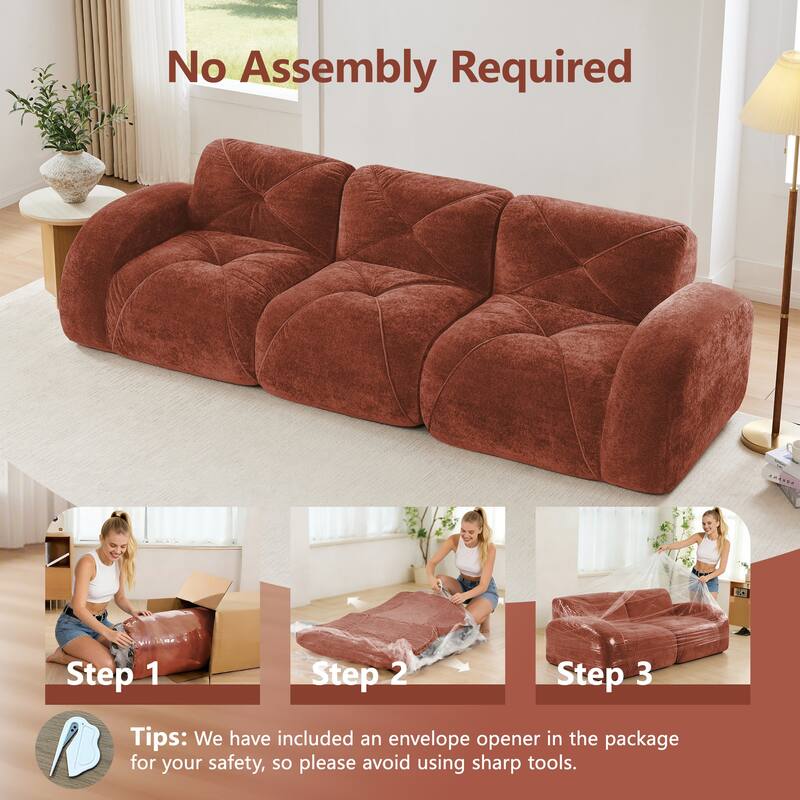 110" Boneless Sofa With Tufted, Soft Velvet Fabric, Modular Sectional Sofa Couches, 32D High Density Sponge