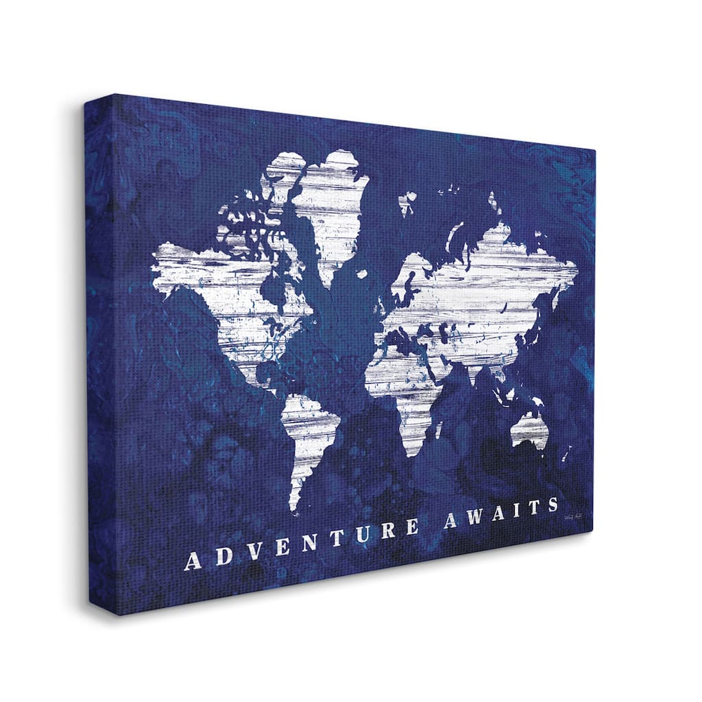 Stupell Adventure Awaits Sentiments Navy Blue World Map Canvas Wall Art