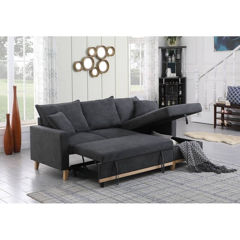 Colton 84.25-inch Dark Gray Woven Reversible Sleeper Sectional Sofa with Storage Chaise - 84.25"W x 57"D x 35"H