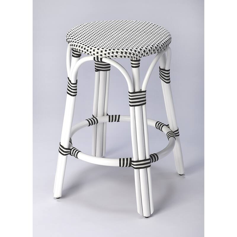 Tobias 24" Rattan Round Counter Stool - White/Black Dot / White Rattan Frame