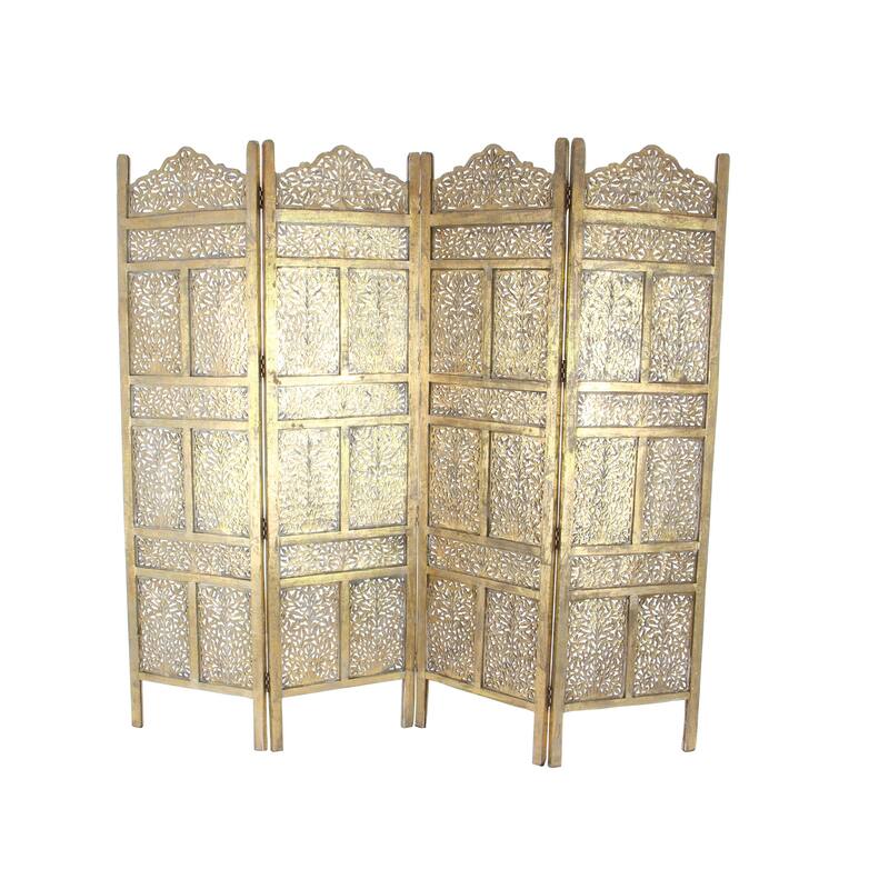 Gold Wooden Handmade Foldable Partition 4 Panel Floral Partition Room Divider Screen with Carved Designs