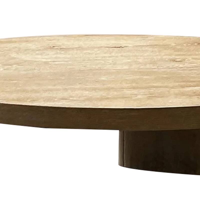 Timore Cocktail Coffee Table, Round 42 Inch Oak Brown Wood Top, Plinth Base