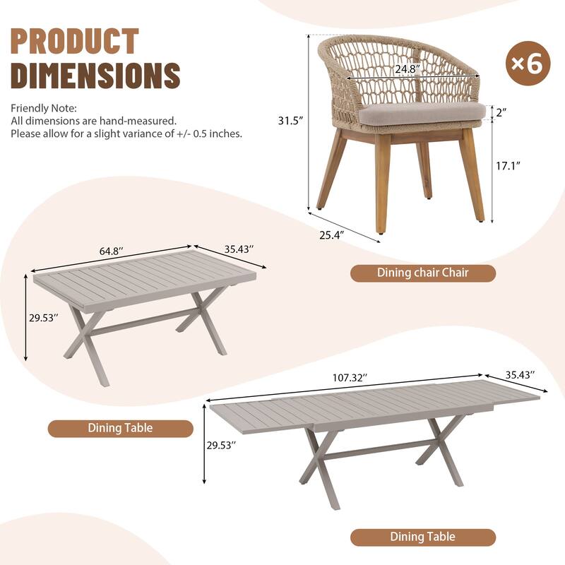 Expandable Aluminum Outdoor Dining Table with 6 Rope Woven Chairs
