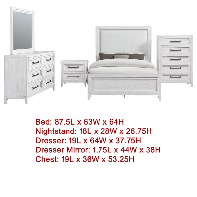 Leva 5pc Queen Bed Set with Dresser Chest and Mirror, Distressed White