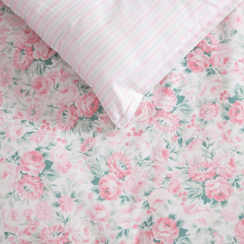 Laura Ashley Pamela's Posies Floral Reversible Stripe Breathable Cotton Comforter Set (Pink)