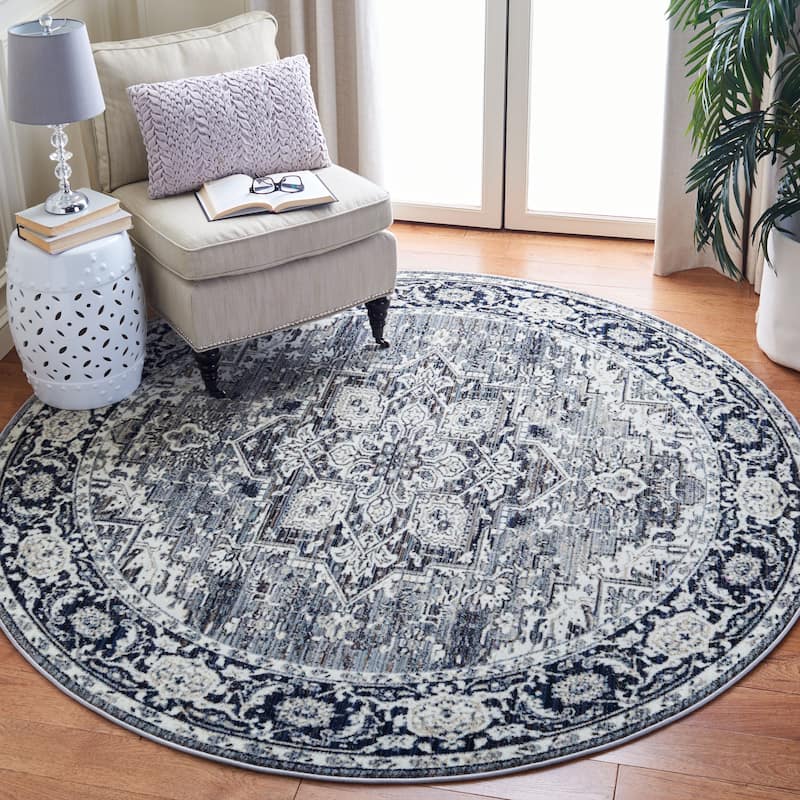 SAFAVIEH Herat Jeanna Traditional Rug - 6'7" Round - Navy/Ivory