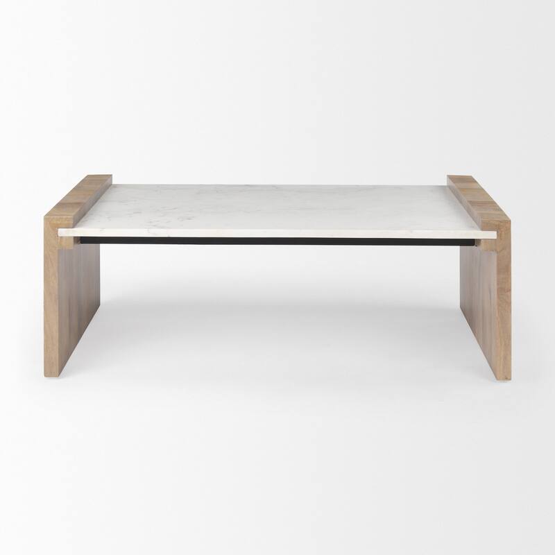 HomeRoots 48" Natural and White Solid Wood And Genuine Marble Coffee Table - 48' X '16' X '28