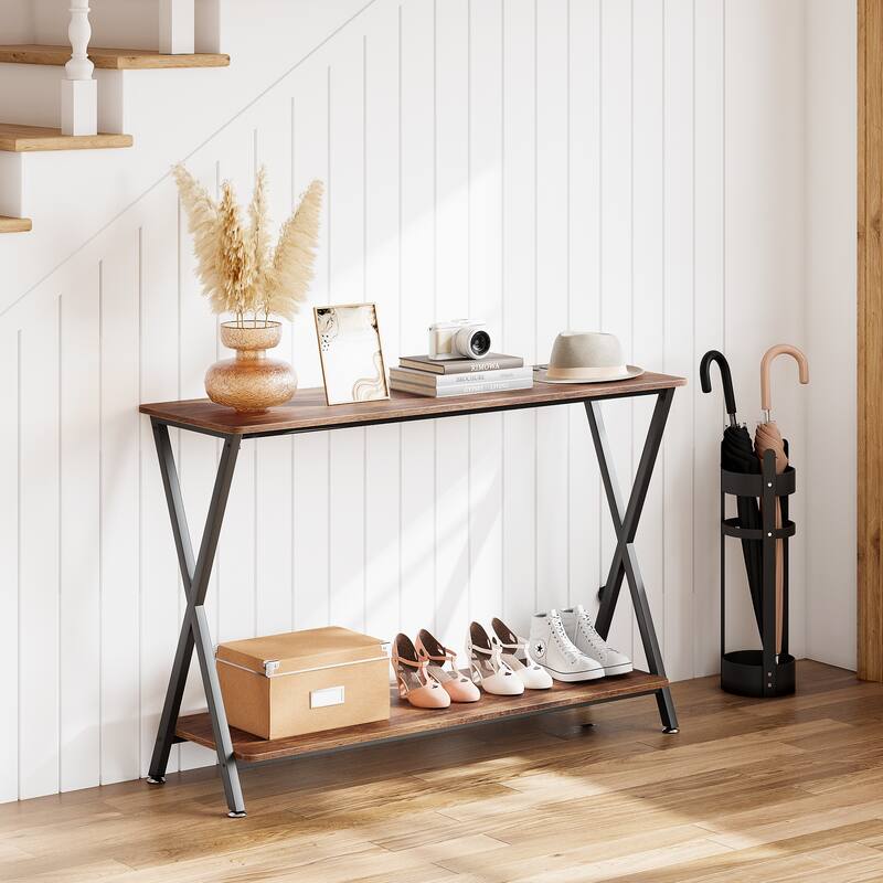 Farmhouse Console Table Barn Style with Shelf and Metal Frame