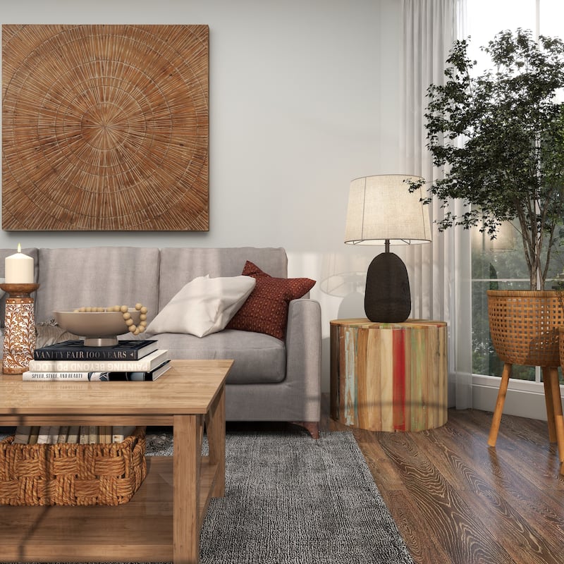 Brown Reclaimed Wood Handmade Pinwheel Drum Geometric Coffee Table with Colorful Painted Accents