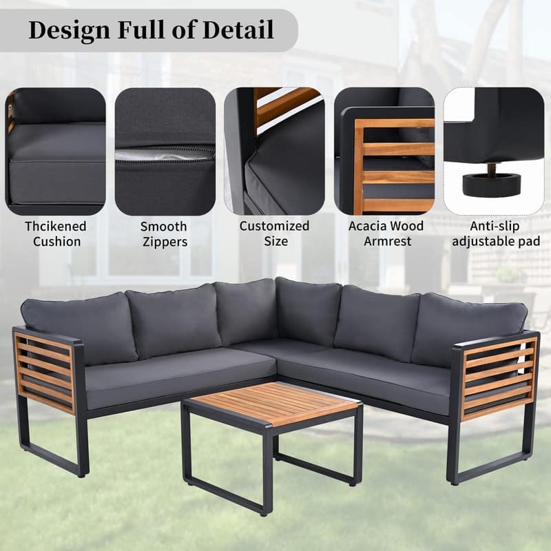 4-Piece L-Shaped Outdoor Patio Sectional Sofa Set with Metal and Wood Frame and Soft Cushions for Comfortable Seating