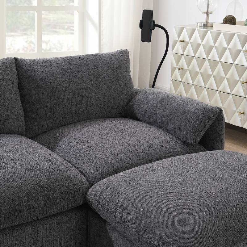 L-Shaped Sectional Chenille Sofa with Storage Ottoman, Phone Holder, USB Charger, Elephant Ear-Shaped Armrests and Pockets