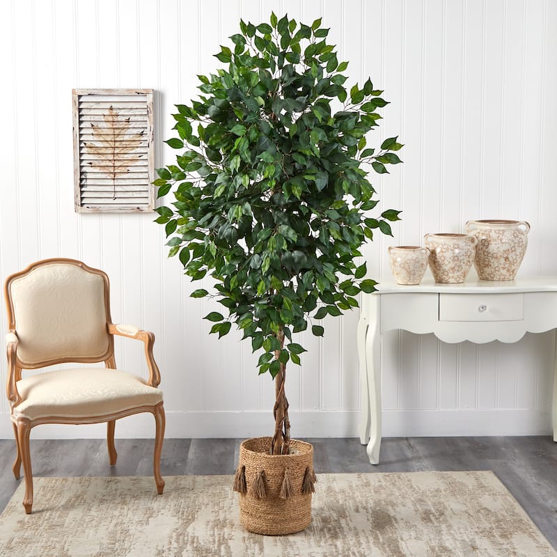 6' Ficus Artificial Tree with Natural Trunk in Handmade Natural Jute Planter with Tassels