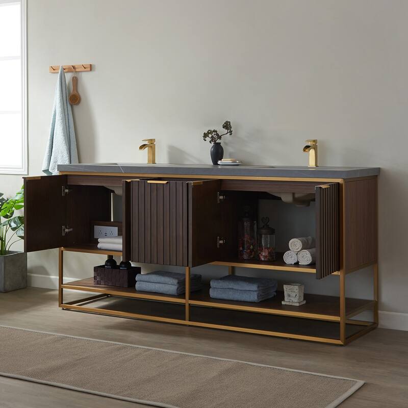 Donostia 72" Vanity in Walnut with stone countertop Without Mirror