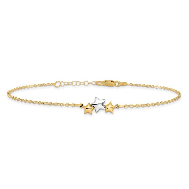Curata 14k Two tone Gold 9.5+1" Polished Triple Star Cable Chain Anklet (Lobster-claw)