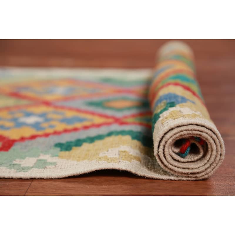 Hand Woven Oriental 100% Wool Carpet Southwestern Geometric Multi-Colored Kilim Runner Rug - 16' 1'' X 2' 9''