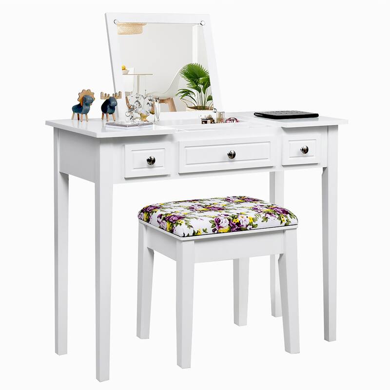 Vanity Set with Bench Dressing Table with Flip Top Mirror