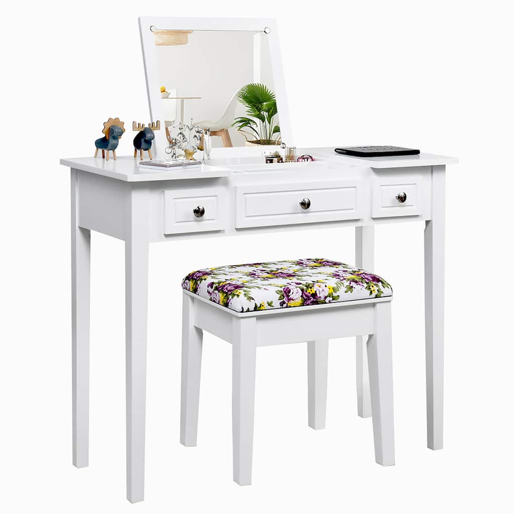 Vanity Set with Bench Dressing Table with Flip Top Mirror