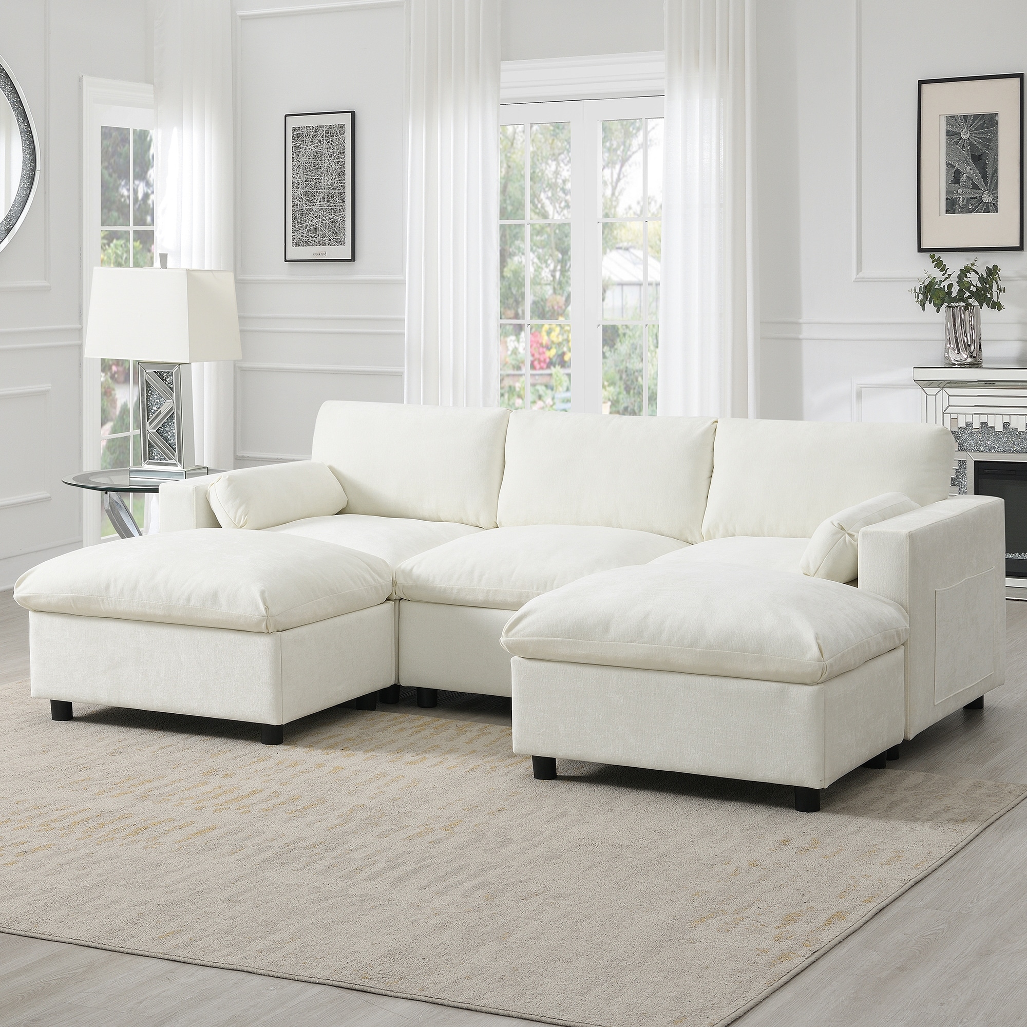 86.5" Chenille Modular Sofa with Storage Pockets, Movable Ottomans