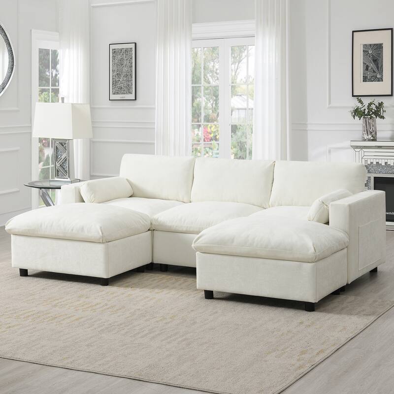 86.5" Chenille Modular Sofa with Storage Pockets, Movable Ottomans - White