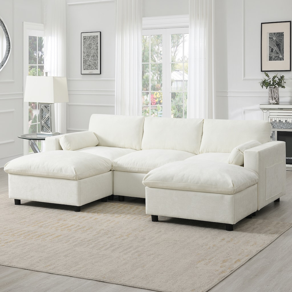 Roomfitters 86.5" U Shaped Sectional Sofa, Chenille Cloud Couch with 2 Movable Ottomans, Armrest Pillows, 5 Seat Sofa