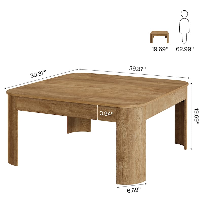 Farmhouse Square Coffee Table, 39.37" Wooden Center Tea Table with Sturdy Curved Legs for Living Room