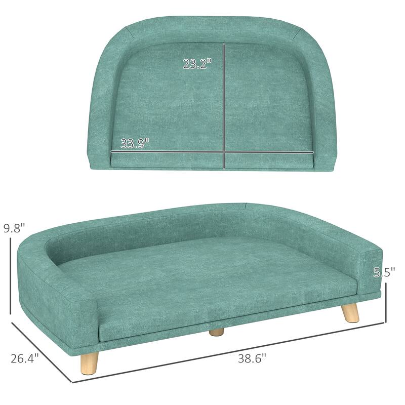 Light Green Pet Sofa with Polyester Fabric, Pine Legs and Removable Cover - 38.6" L x 26.4" W x 9.8" H