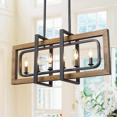 Modern Farmhouse 6-Light Wood Chandelier Rectangle Island Lights for Dining Room - W31.5" X E8.7" X H13.8"