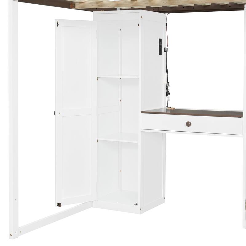 Full Size Loft Bed Frame for Kids with Storage Staircase, Wardrobe, Cabinets, USB, LED and Dressing Table with Mirror and Drawer