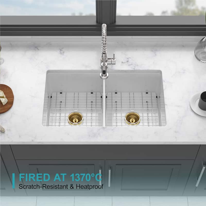 32 Inch Undermount Double Bowl Ceramic Kitchen Sink in White - 32'' x 19'' x 10''