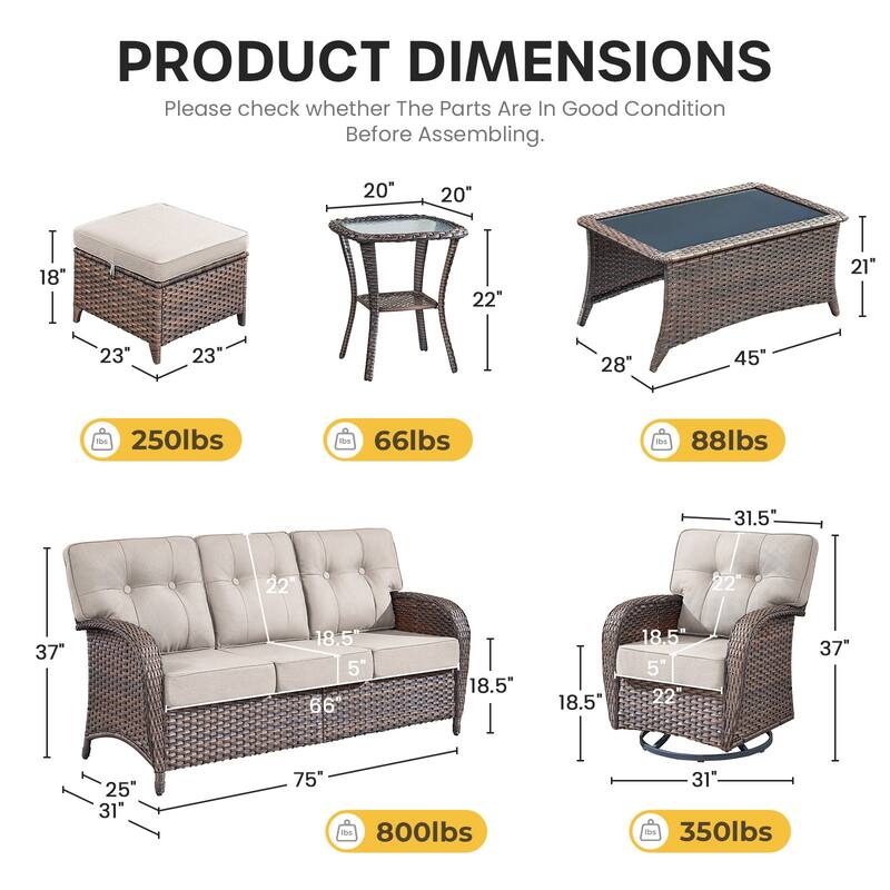 Gymojoy Outdoor Wicker Patio Furniture Set, 5" Thick Cushioned Rattan Set with Swivel Chairs & Coffee Table