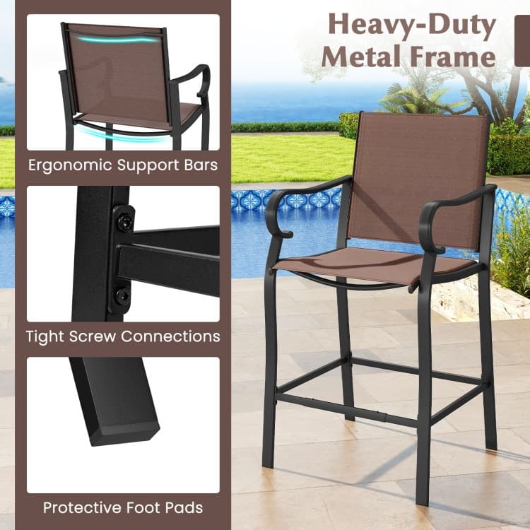 Brown and Black Fabric Metal Patio Bar Counter Height Stools Set of 2 with Ergonomic Design and Footrests - 24.5" x 23" x 44.5"