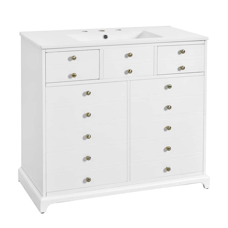 Roomfitters 36" Vanity with Ceramic Sink, Solid Wood Cabinet with 2 Drawers and Soft Closing Doors, Freestanding Design, White