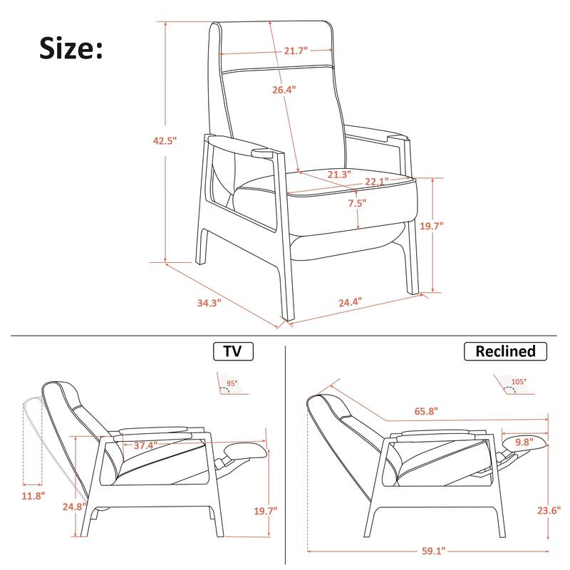 MCombo Fabric Pushback Recliner Chair with Wooden Armrests, Upholstered Single Sofa Accent Chair