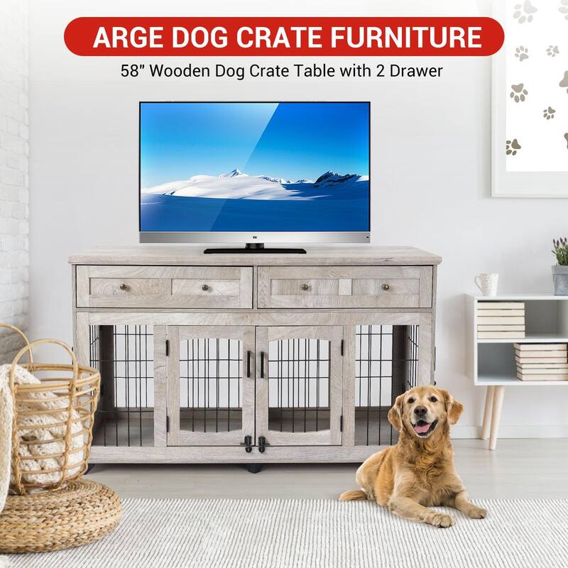 Double Dog Crate Furniture with Drawers, Removable Divider, and Storage Table