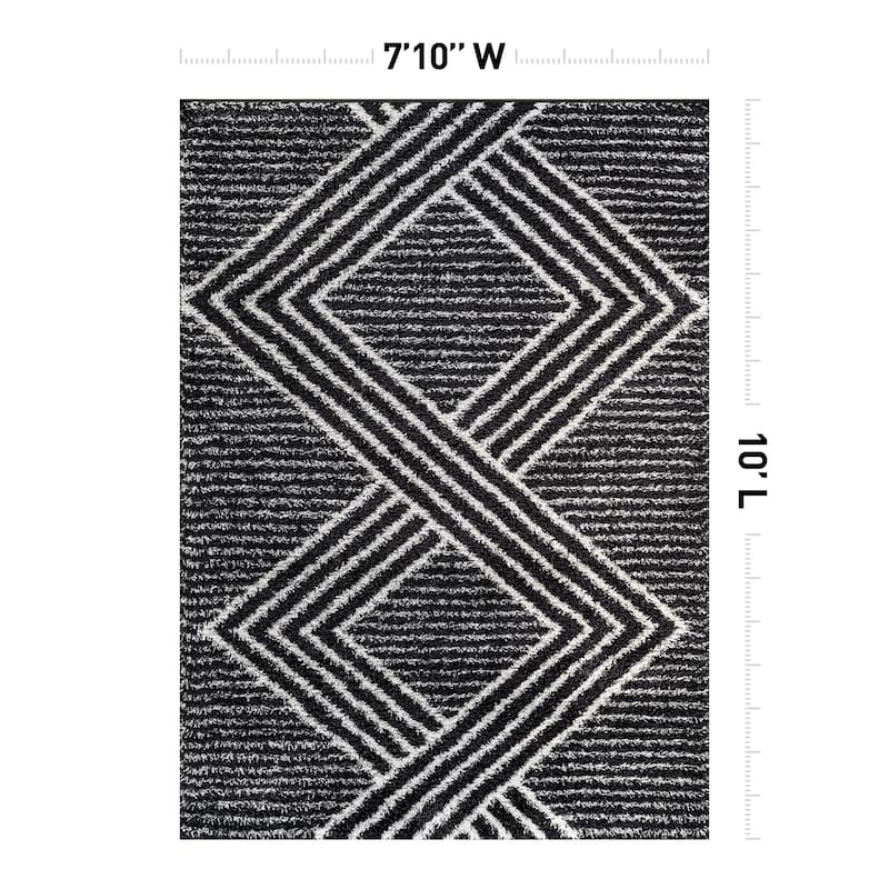Abstract Geometric Shag Rug - Anthracite Dark Gray - Medium Pile Rug - Kid & Pet Friendly