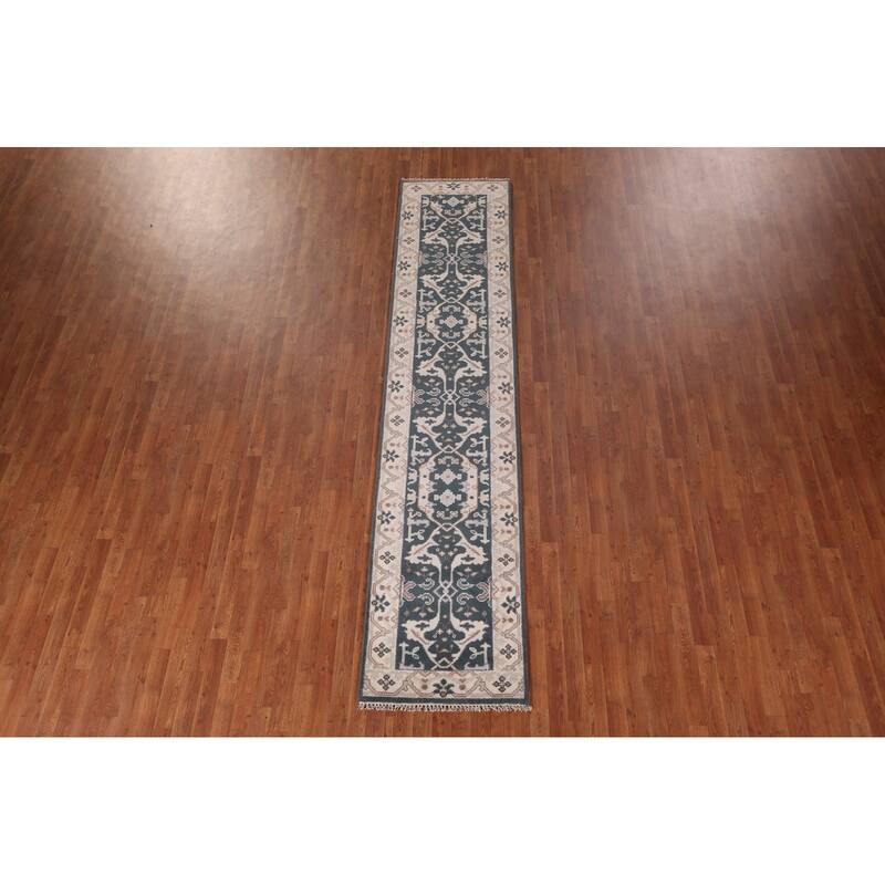 Green Oushak Indian Runner Rug Hand-Knotted Wool Carpet - 2'5"x 11'7"