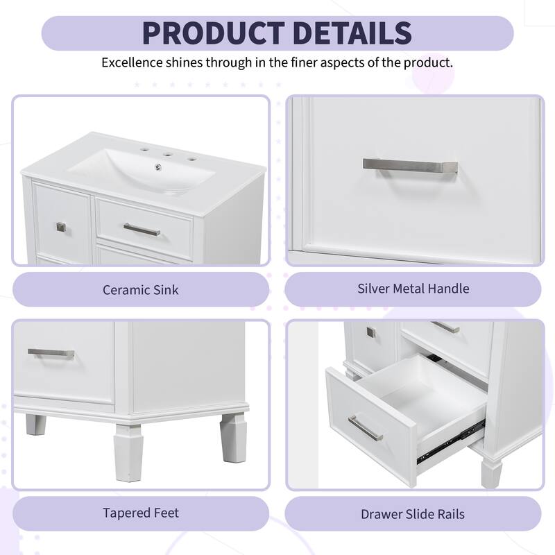 30" Bathroom Vanity with Ceramic Sink, Flip-Out Drawer, Soft Close Doors & Drawers Cabinet with Solid Wood Legs